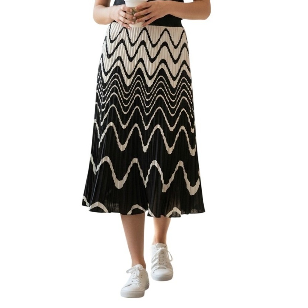 Pleated Chic Midi Skirt Elastic Waist Minimalist Coastal European Style XL‎